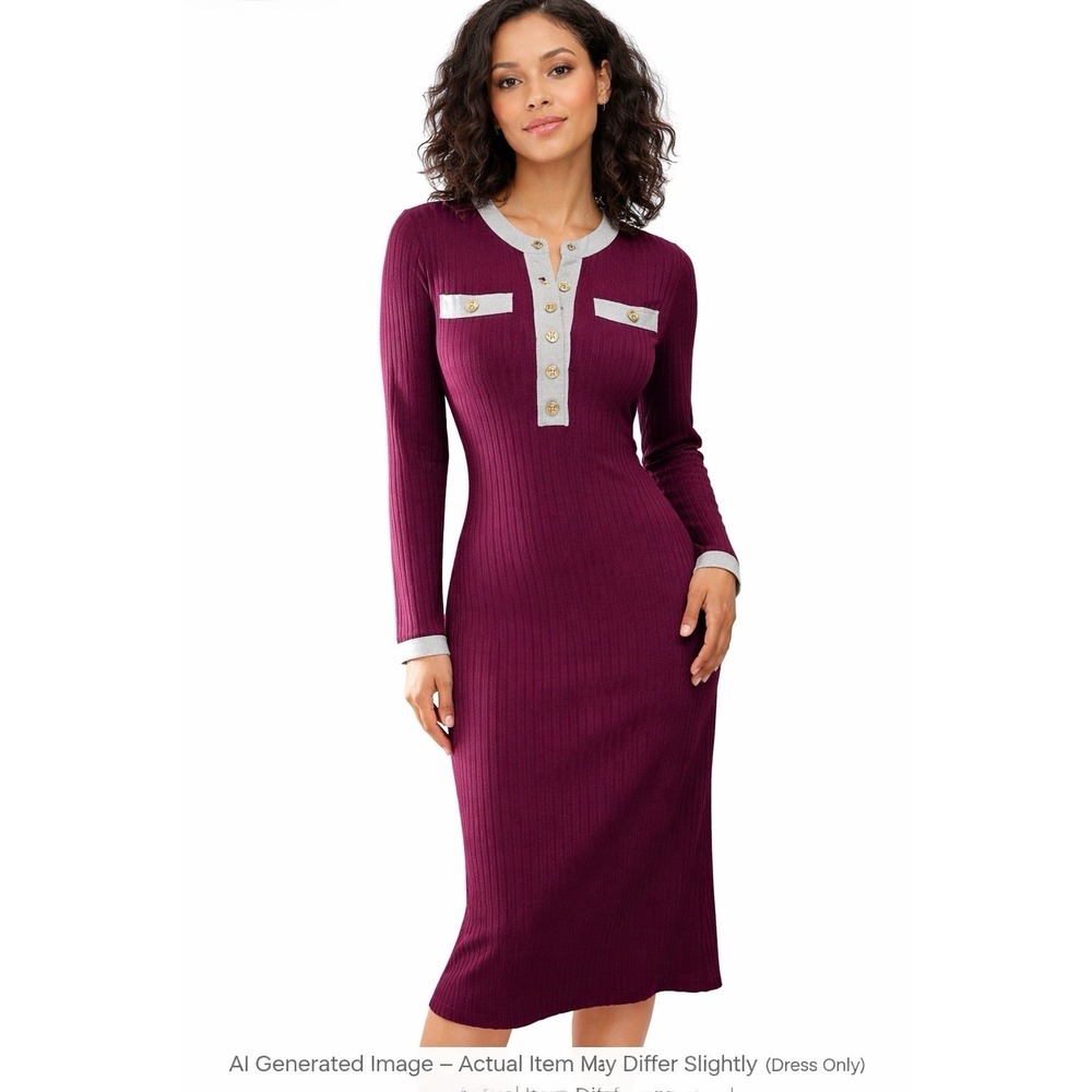 Rivir Ribbed Knit Midi Dress Womens Burgundy Medium Quiet Luxury Button Detail